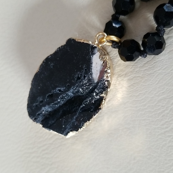 Hand Crafted Glass Bead Necklace With Natural Black Druzy Crystal Pendant - Picture 12 of 16